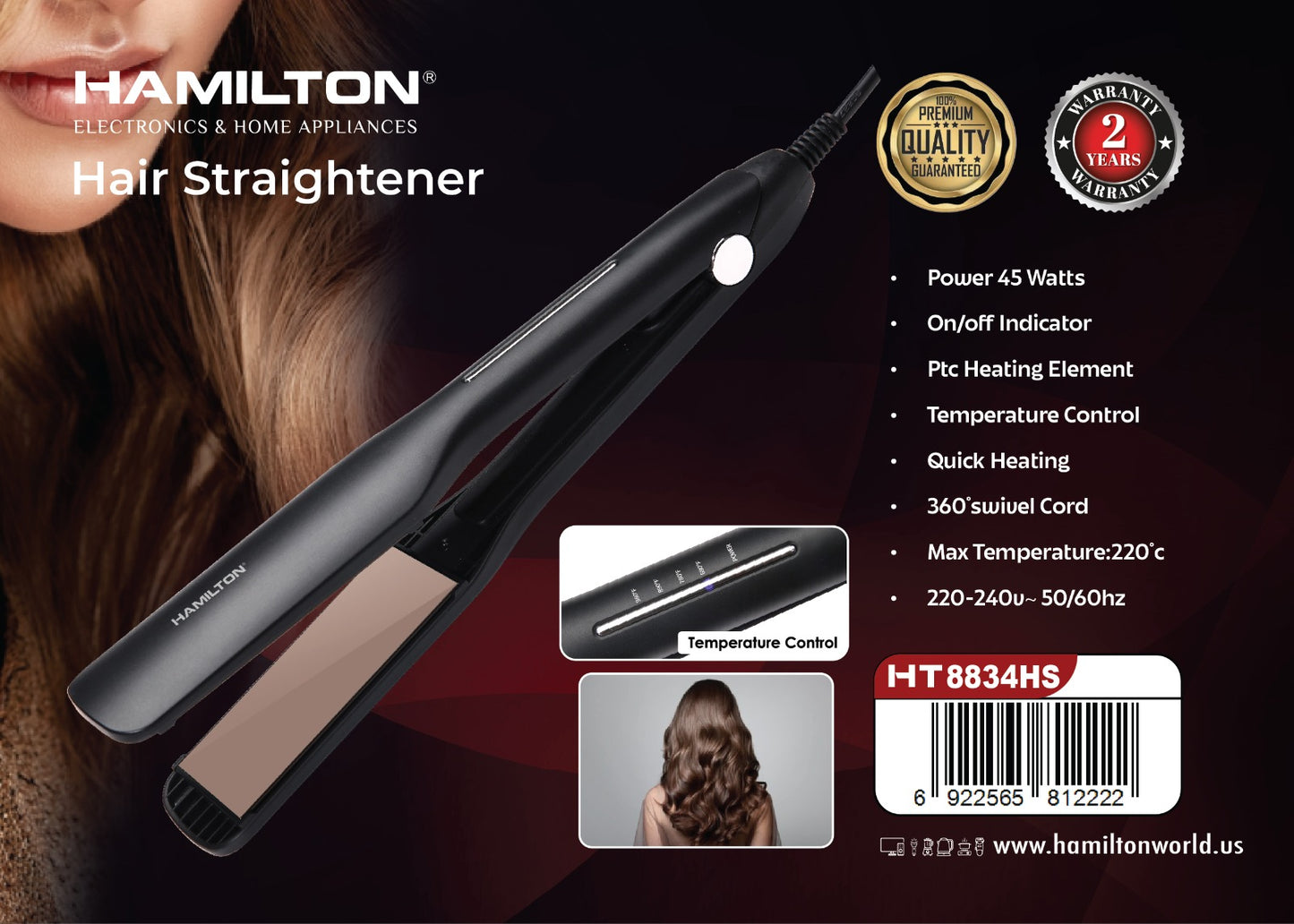 HAMILTON HAIR STRAIGHTENER 45W HT8834HS