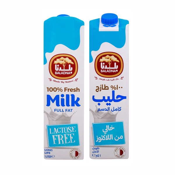 حليب بلدنا طويل الأجل كامل الدسم خالي من اللاكتوز، عبوة 1 لتر 