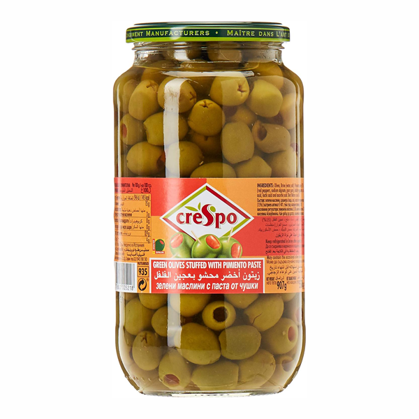 CRESPO GREEN OLIVES STUFFED WITH PIMENTO PASTE 907G