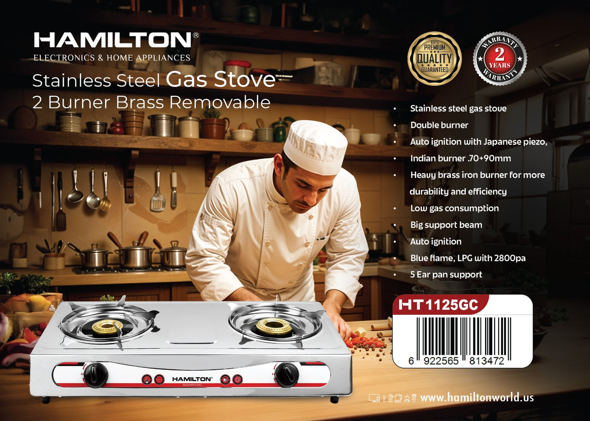 HAMILTON STAINLESS STEEL GAS STOVE 2 BURNER BRASS