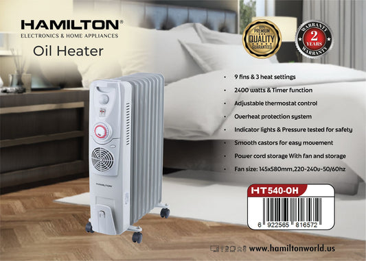 HAMILTON 9FINS OIL HEATER 2400WATTS THREE SPEED HT540-OH