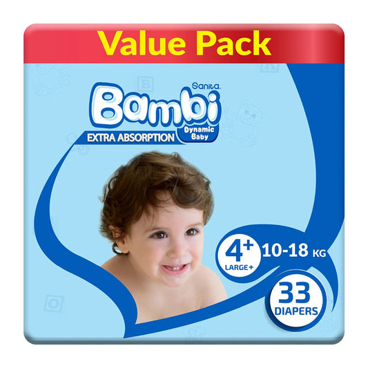 SANITA BAMBI BABY DIAPER VALUE PACK SIZE 4+ LARGE PLUS 10-18 KG 33 PCS