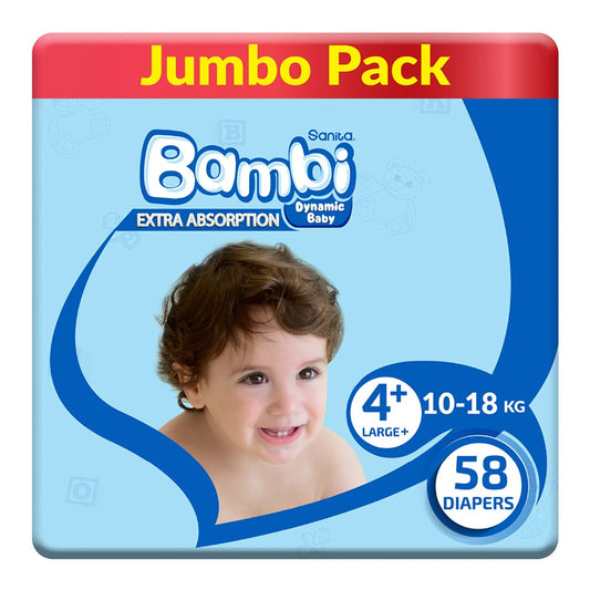 SANITA BAMBI BABY DIAPER JUMBO PACK SIZE 4+ LARGE PLUS 10-18 KG 58 PCS