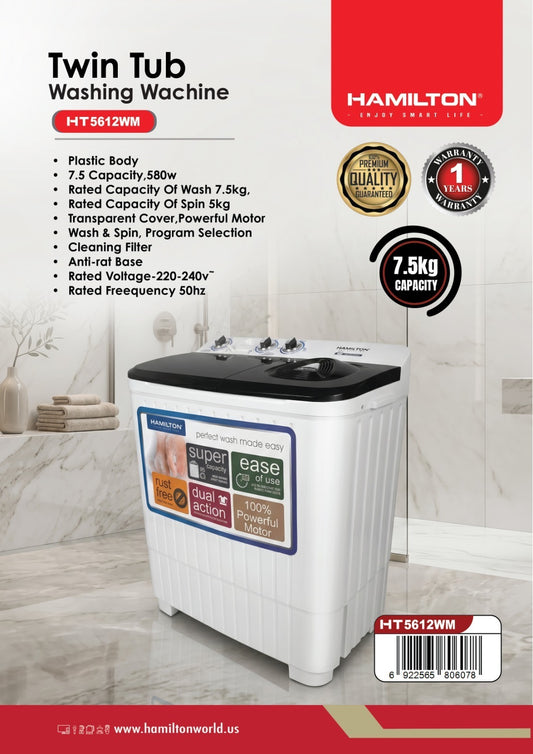 HAMILTON TWIN TUB WASHING MACHINE 7.5KG