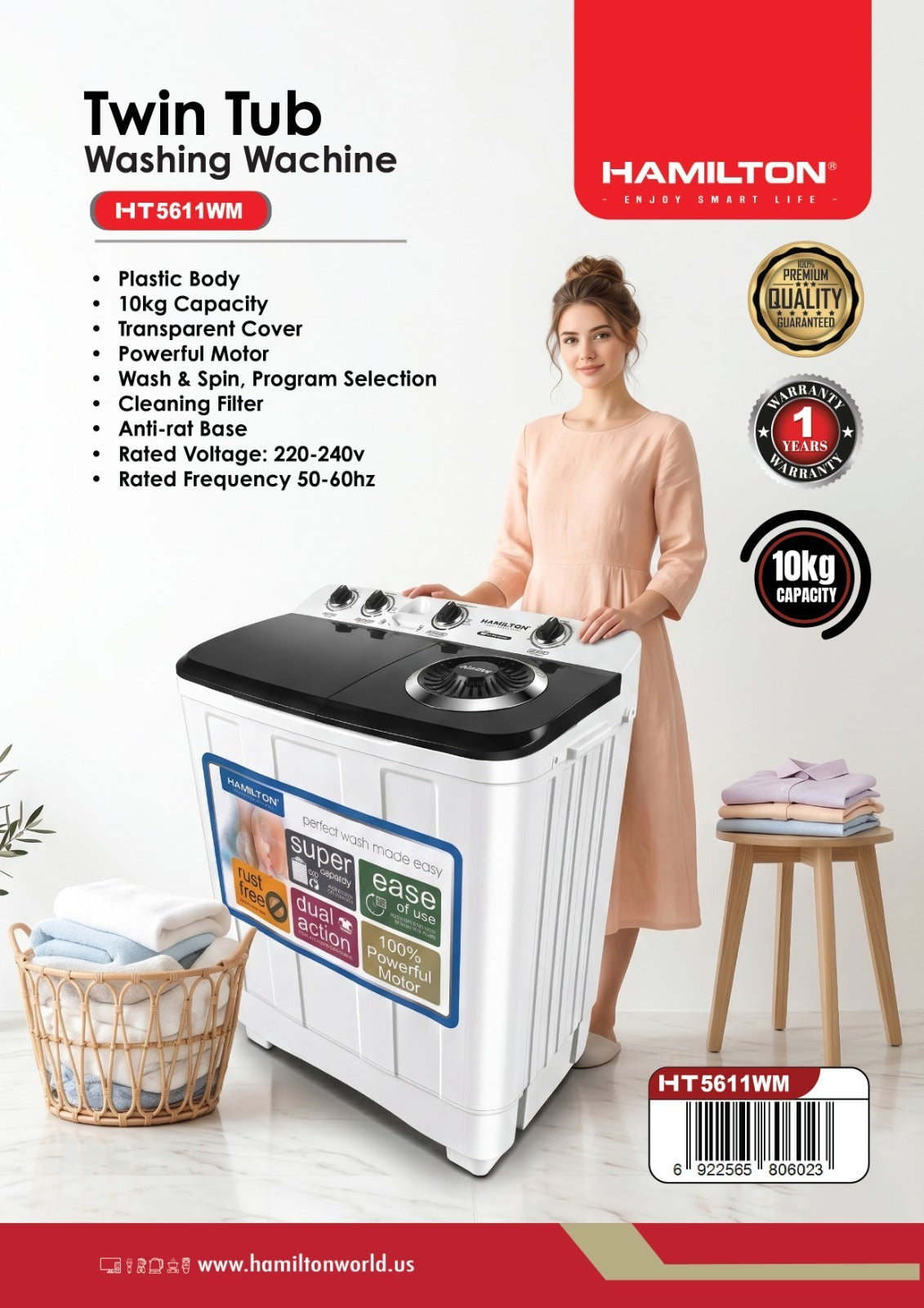 HAMILTON TWIN TUB WASHING MACHINE 10KG